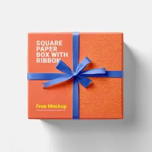 Free Square Paper Box with Ribbon Mockup - PSD