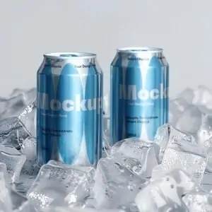 Free Soda Cans Mockup with Ice Cubes (PSD)