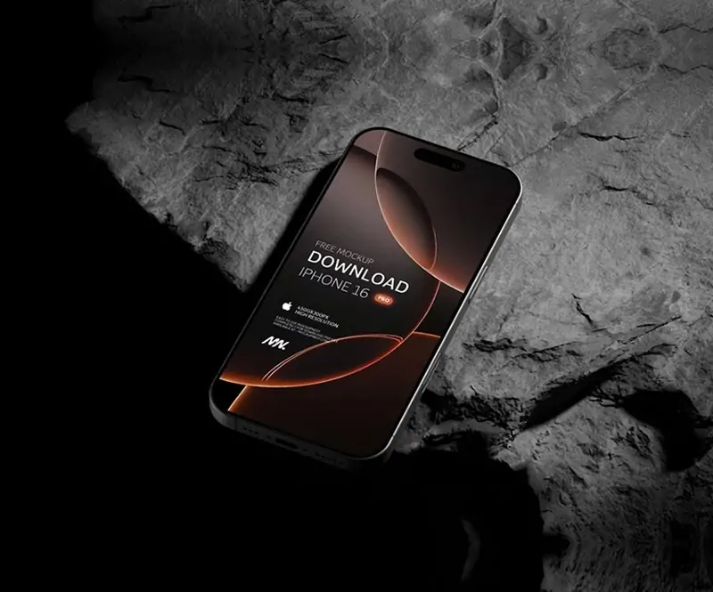 Free Titanium iPhone 16 Pro Mockup On Black Rock (PSD)