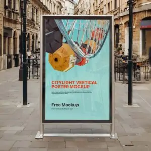 Free Free Citylight Vertical Outdoor Poster Mockup (PSD)